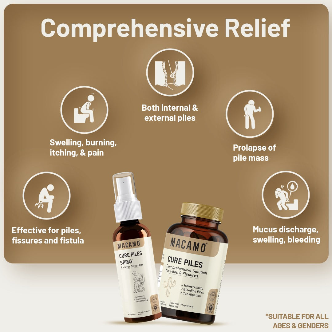 Cure Piles Pack | Ayurvedic Piles Care Kit | Ayurvedic Tablets & Spray for Piles | Visible Piles Relief in 3 days | Dual Action & Fast Relief | Effectively Manage Fissure & Fistula