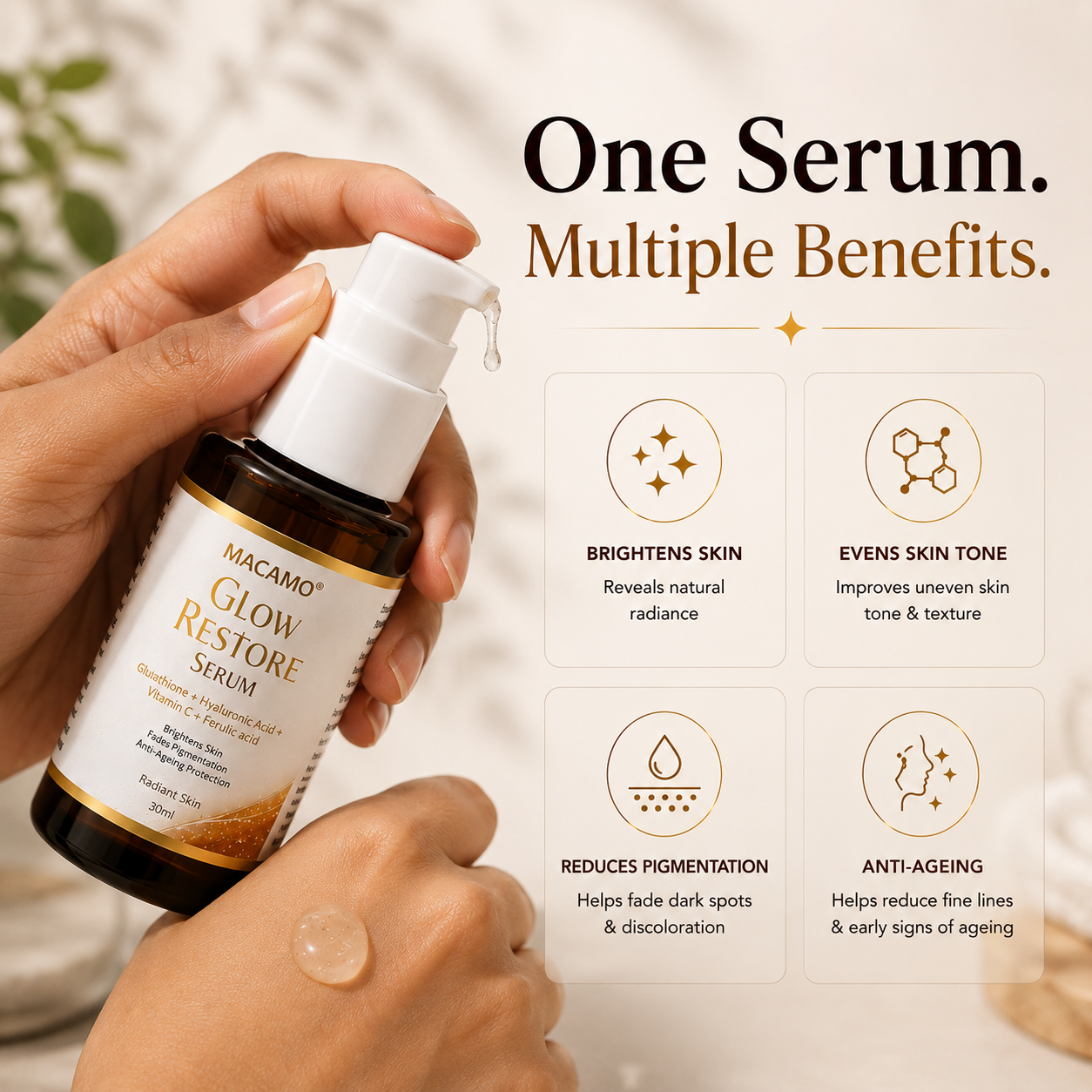 A hand holds a bottle of MACAMO Glow Restore Serum, with another hand applying serum to the other hand. The image includes text highlighting the serum's benefits: brightens skin, evens skin tone, reduces pigmentation, and is anti-ageing.