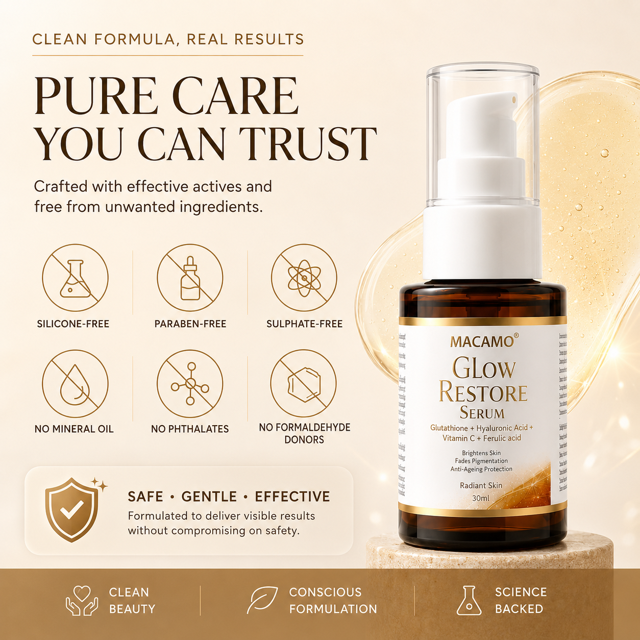 MACAMO Glow Restore Serum bottle on a beige background with promotional text, icons for clean ingredients, and feature badges.