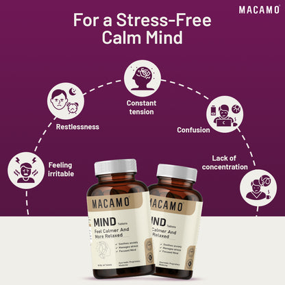 Macamo Mind Tablets | Brain Health Supplement | Ayurvedic Supplement for Stress & Anxiety | Mind Relax Tablet | Improve Focus & Concentration