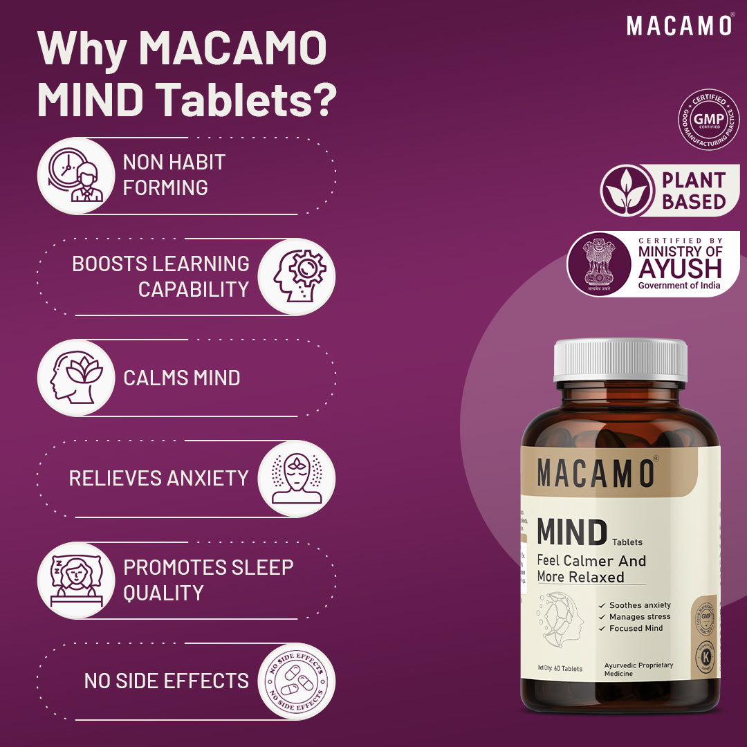 Macamo Mind Tablets | Brain Health Supplement | Ayurvedic Supplement for Stress & Anxiety | Mind Relax Tablet | Improve Focus & Concentration